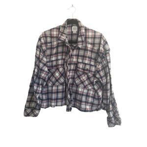 BDG Womens Large Blue Oversize Plaid Cropped Flannel Button Shirt Frayed #4978